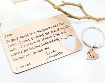 Copper Wallet Insert Card and Key Chain Set -Christmas Gift- Boyfriend Gift- Bride to Groom Wedding Gift - Anniversary Gift - Mens Gift