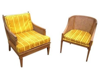 Vintage Mid-Century Lewittes Cane Yellow Gold Velour Velvet Chair Set