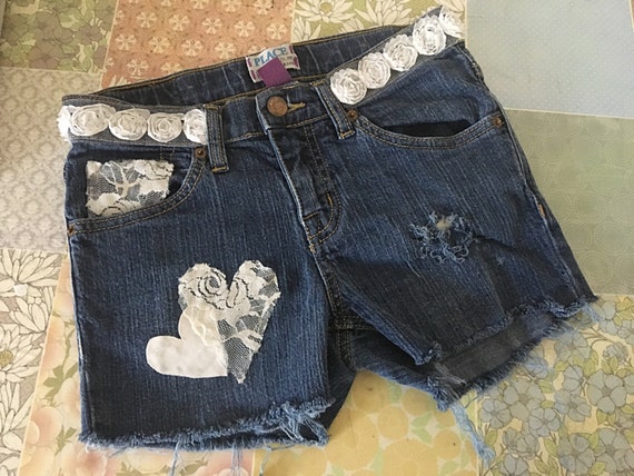 Upcycled Boho Girls Lace Denim Shorts by BohoBeatChicBoutique