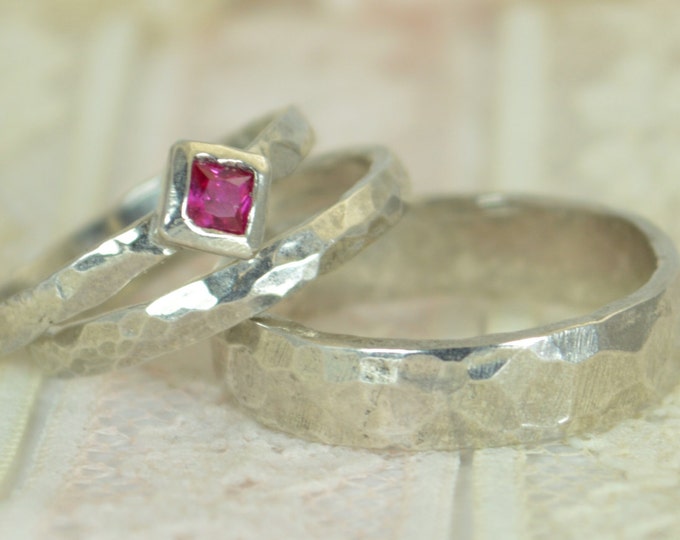 Square Ruby Engagement Ring, 14k White Gold, Ruby Wedding Ring Set, Rustic Wedding Ring Set, July Birthstone, Solid Gold, Gold Ruby Ring