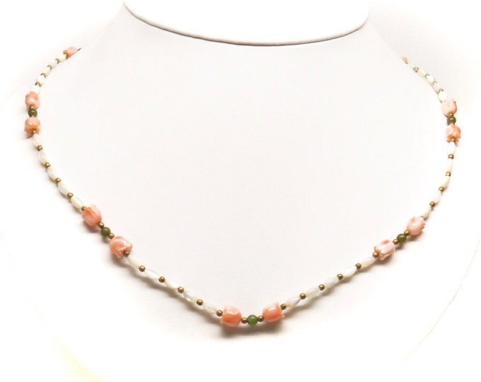 Storewide 25% Off SALE Vintage Rosè Pink Angel Coral, Green Jade & Mother Of Pearl Beaded Designer Necklace Featuring Graduated Style Design