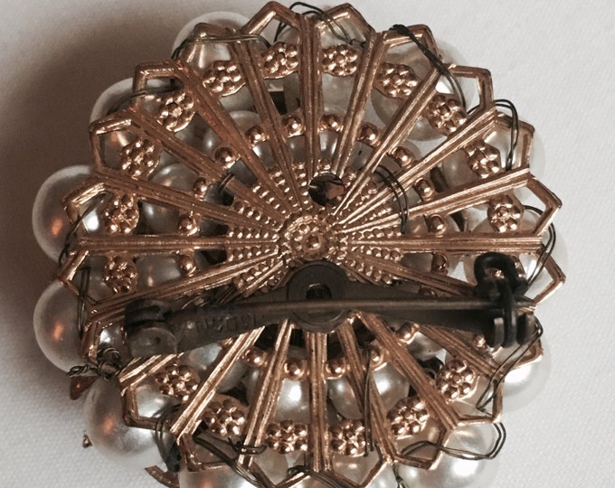 Storewide 25% Off SALE Vintage Silver & Gold Tone Floral Creamy Pearl Beaded Designer Brooch Pin Featuring Multilayered Design
