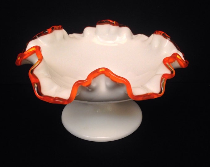 Storewide 25% Off SALE Rare Limited Edition Vintage 1963 Fenton Flame Crested White Milk Glass Pedestal Bowl Featuring Ruffled Orange Trim D