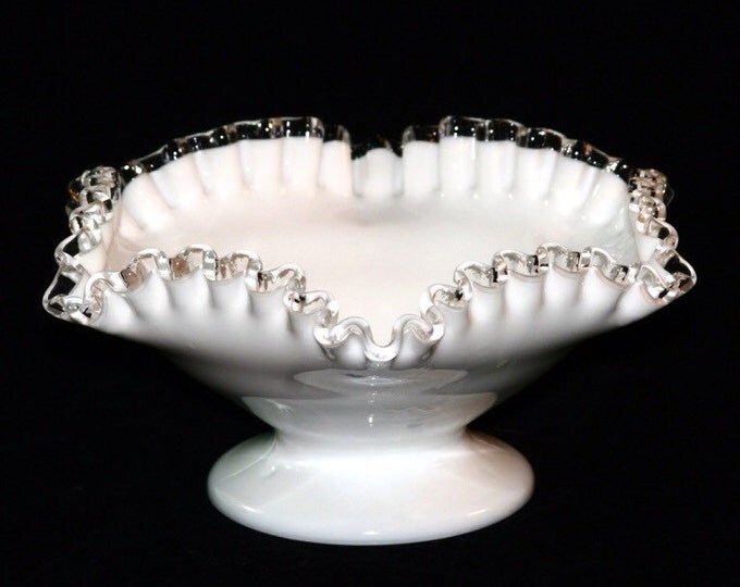 Storewide 25% Off SALE Vintage Medium Fenton Silver Crested White Milk Glass Centerpiece Ruffle Compote Bowl Featuring Classical Fenton Desi