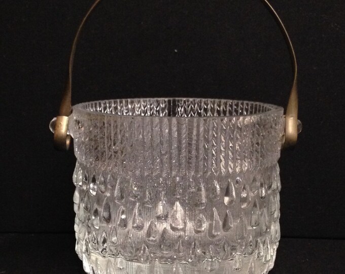 Storewide 25% Off SALE Vintage Raised Teardrop Designed Heavy Glass Ice Bucket Featuring Brass Style Handle & Patterned Design Trim