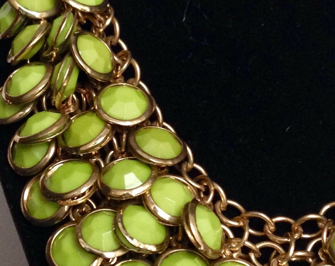 Storewide 25% Off SALE Vintage Mid Century Gold Tone Faceted Coin Green Beaded Necklace Featuring Layered Design Finish