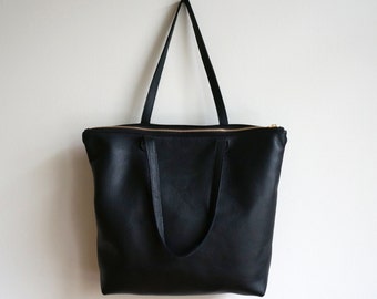 Black Leather Zip Tote