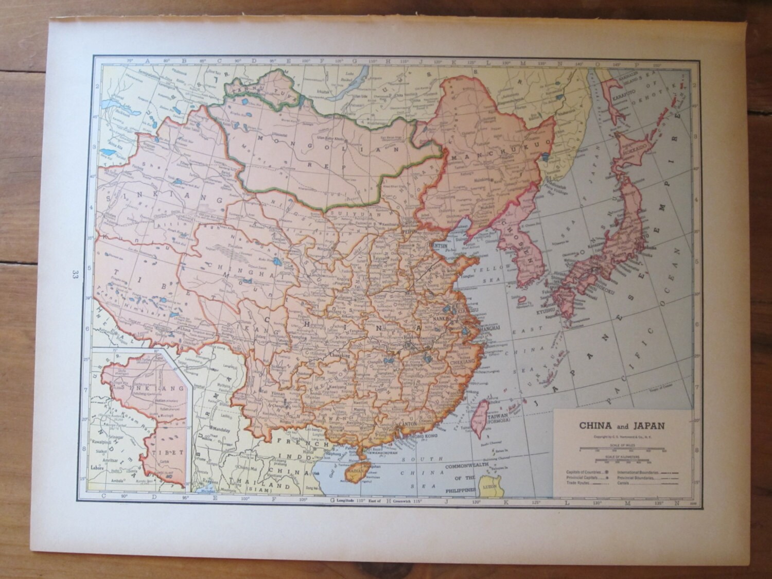 1940s China and Japan vintage map vintage china map vintage