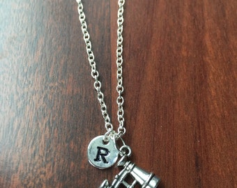 Binoculars initial necklace, binoculars jewelry, gift for bird watcher, camping jewelry, gift for camper, silver binoculars necklace