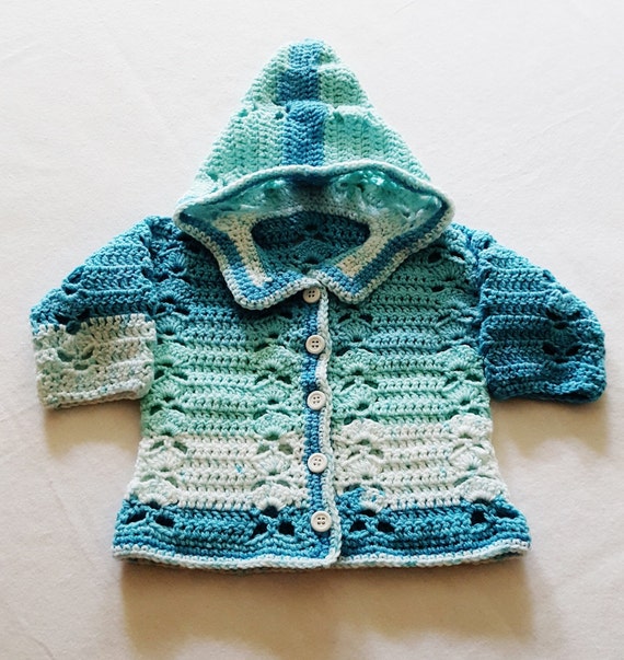 12 Month Hooded Sweater Ocean Color Baby Crochet Sweater