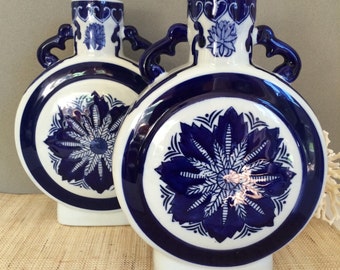 Set of Blue and white vases | vintage blue and white moon flask pair | blue and white urns | vintage blue and white ginger jars chinoiserie