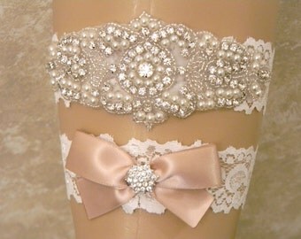Wedding Garter, Wedding Garter Set, Bridal Garter, Pearl and Rhinestone Garter and Toss Garter, Lace Wedding Garter, 27 Satin Ribbon Colors