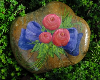 Painted Rock with Purple Bow and Roses, Floral Garden Stone