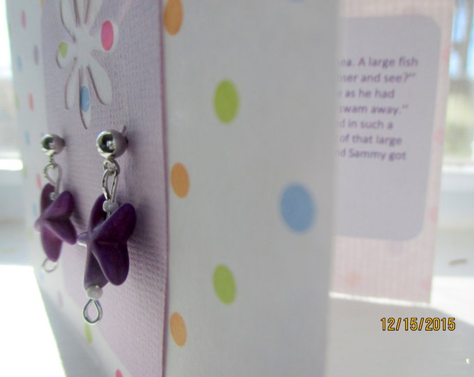 Starfish earrings-Purple Starfish jewelry-Kids-Clip on earrings-teen dangle-tween post-Beach jewelry-Nickel free-storybook earrings-sea star