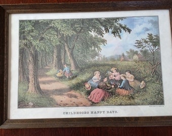 Vintage Currier and Ives Framed Picture Titled "Childhoods Happy Days"