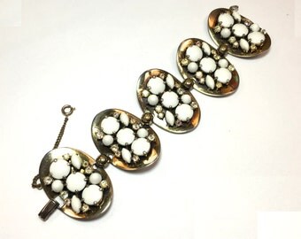 50s Schiaparelli Gold Link Bracelet | White Milk Glass Oval Link Bracelet | Elsa Schiaparelli