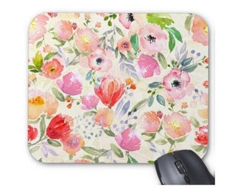Watercolor Flowers Print Mouse Pad, Colorful Vintage Floral Mousepad