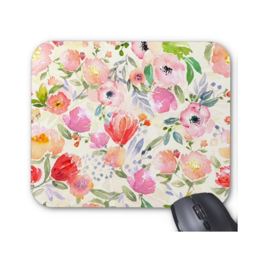 Watercolor Flowers Print Mouse Pad Colorful Vintage Floral