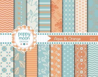 Aqua and Orange patterns and florals,printable digital paper pack