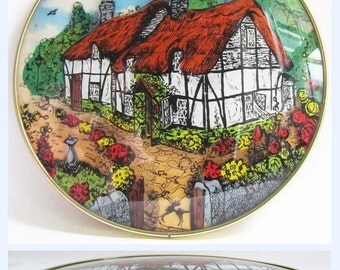 Vintage Retro 3D Convex Domed Glass Hand Painted Picture Country Cottage 60's