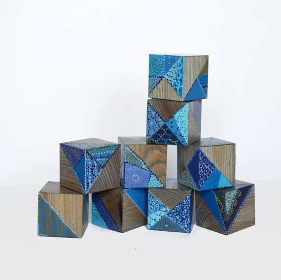 Blue Wooden blocks Original Mixed Media Art Blocks Art TOY