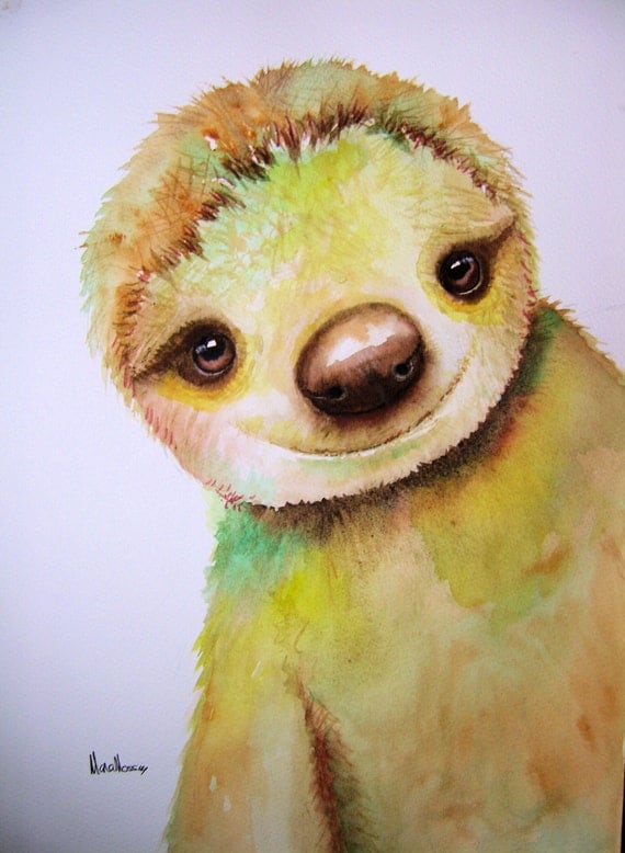 A LARGE original watercolour SLOTH painting by artist by Vivaci