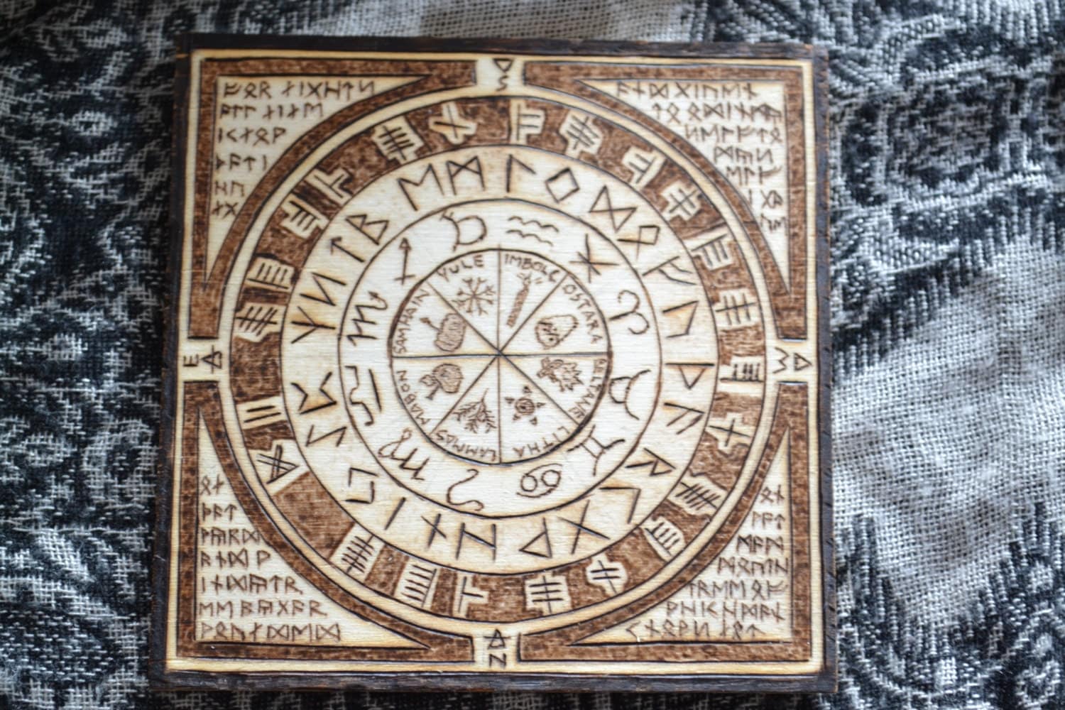 Pagan Asatru Calendar Alter Piece Pyrography Coaster