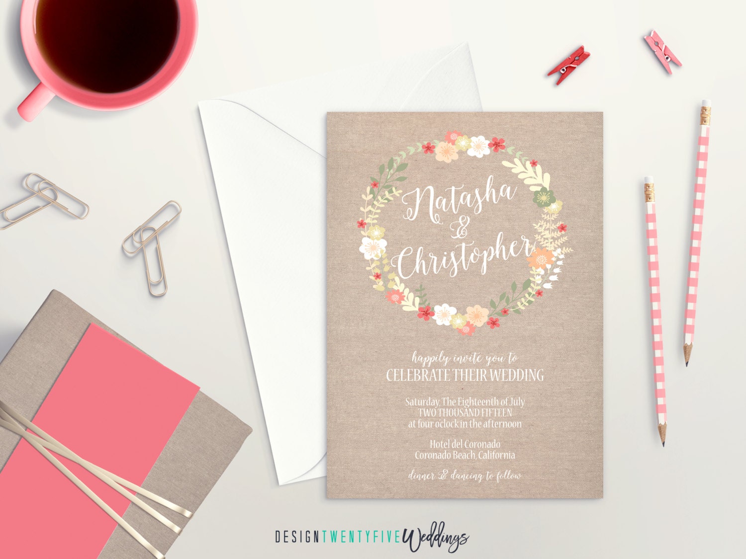 Rustic Canvas Floral Wedding Invitation Suite // 5x7 // Choose