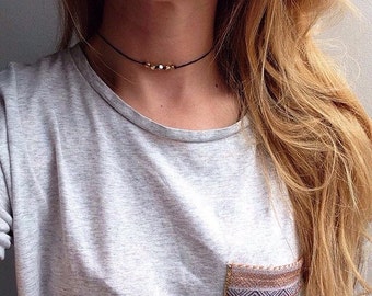 The Athena Choker; Gold and silver pretty bead choker necklace on black cotton cord. Pretty bead black and gold choker by Serenity Project.