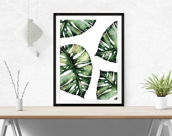 Monstera Leaf Print // Print, Monstera Prints, Banana Leaf, Watercolour, Green, Wall Print, Leaf, Botanical, Foilage