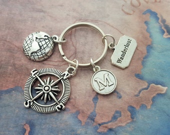 Travel Keychain, Travelling Accessory, Personalised Keyring, Travel Bag Charm, Wanderlust Keychain, Earth Keyring, Compass Accessory, Gift