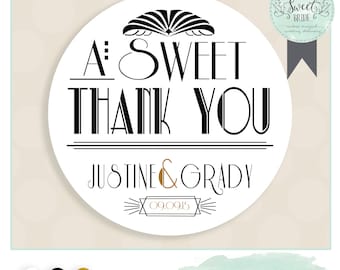 Art Deco wedding favor sticker. Color of Choice. Size 2" Round. A sweet thank you. Justine collection. Gatsby