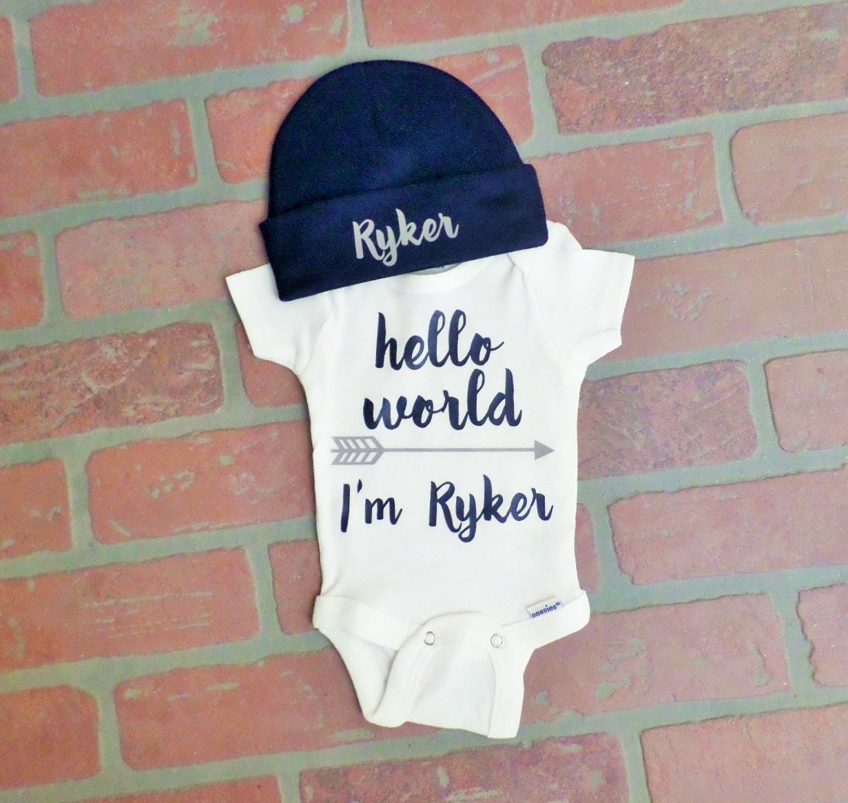 Download Personalized Boy's Hello World Onesie with navy beanie hat