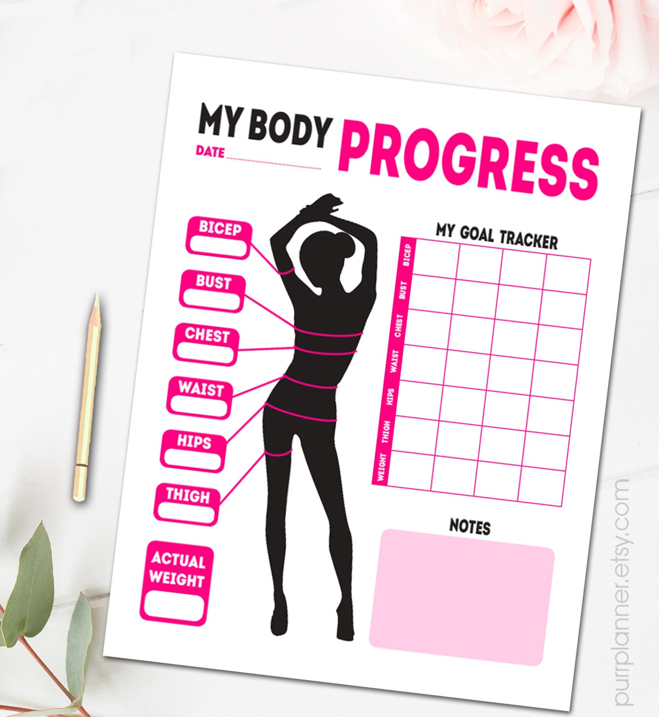 Printable body measurements fitness goal tracker by purrplanner