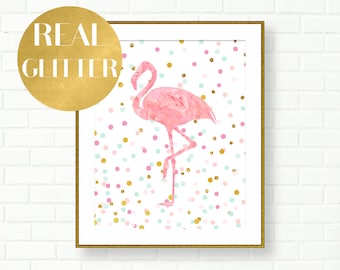 Baby Girl Nursery Art Print, Flamingo Print, Pink, Aqua, Gold, Girl Room Art, Pastel, Glitter, Confetti, Glam, Vanity Decor, Modern Wall