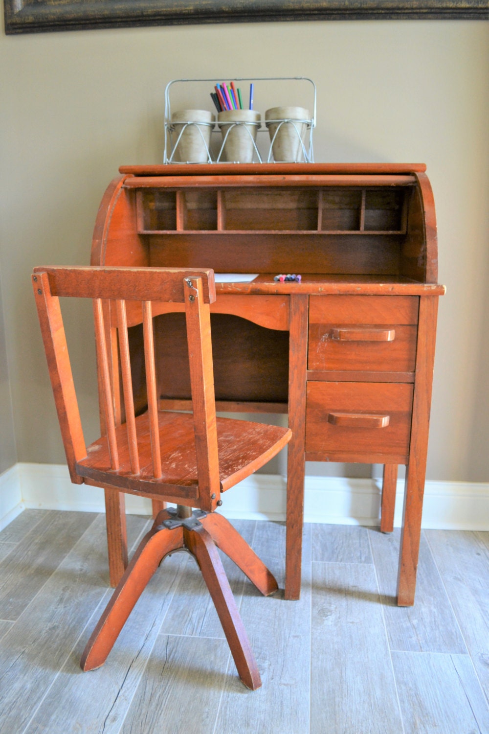Vintage Children's Roll Top Desk with Swivel Chair