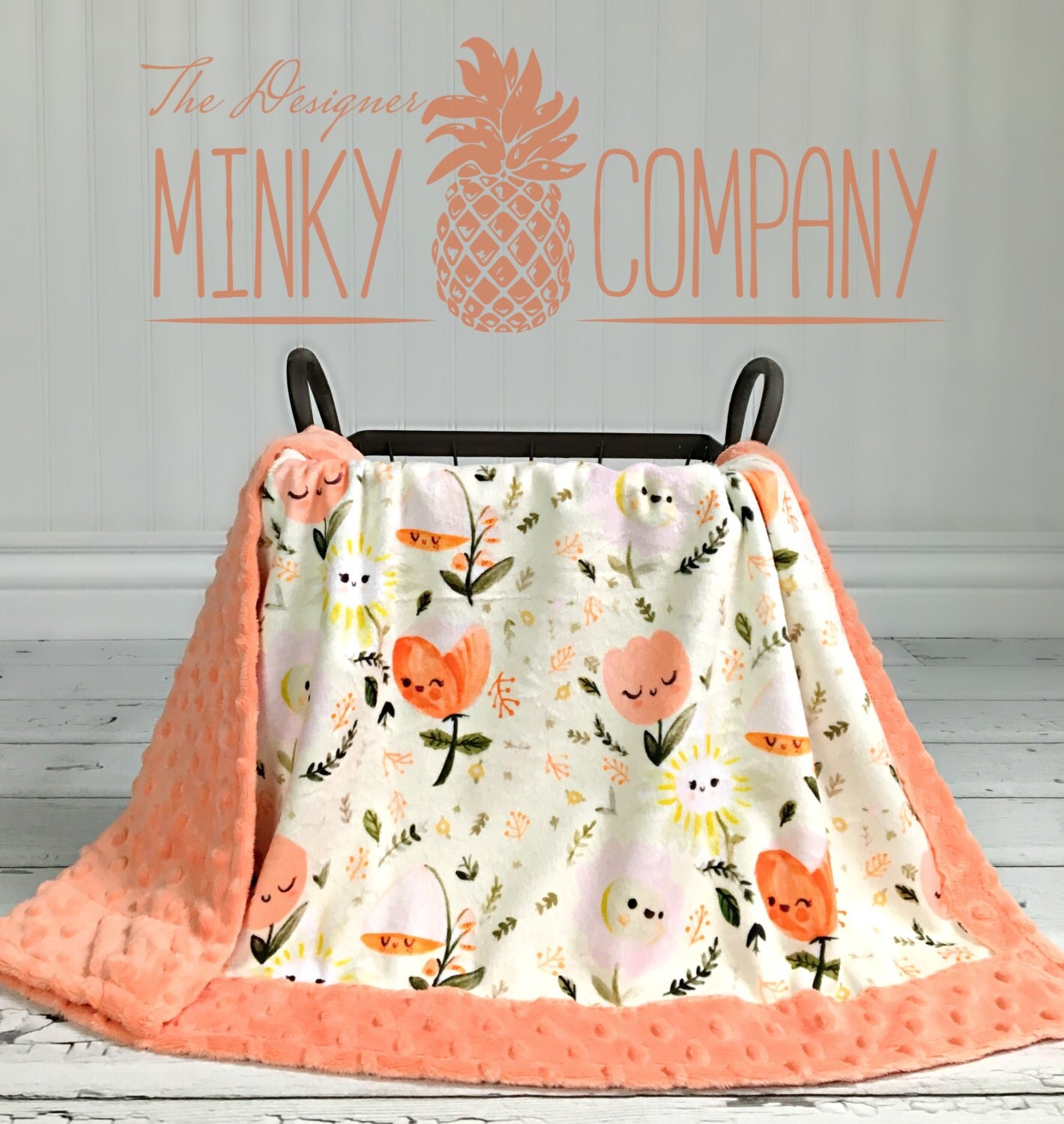 Baby Blanket Happy Flowers Designer Minky Papaya