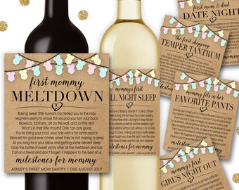 Baby Shower New Mom Gift Milestones for Mommy Wine Champagne Labels Mommy Meltdown Date Night Girl's Night Temper Tantrum Favorite Pants BM1