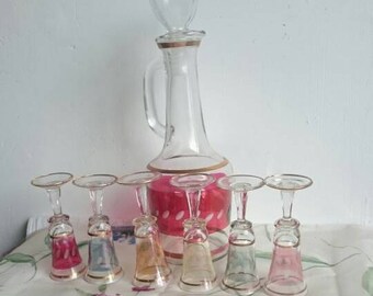 Mid Century Italian Art Glass Decanter and Port Glasses, Vintage Hand-blown Glass, Coloured Bottle and Liqueur Glasses,
