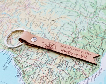 Traveller Quote Leather Keychain - Not All Those Who Wander Are Lost