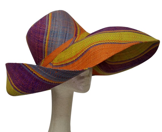 Raziya: Multicolored Madagascar Big Brim Shapeable Raffia Hat (7 inch Brim)