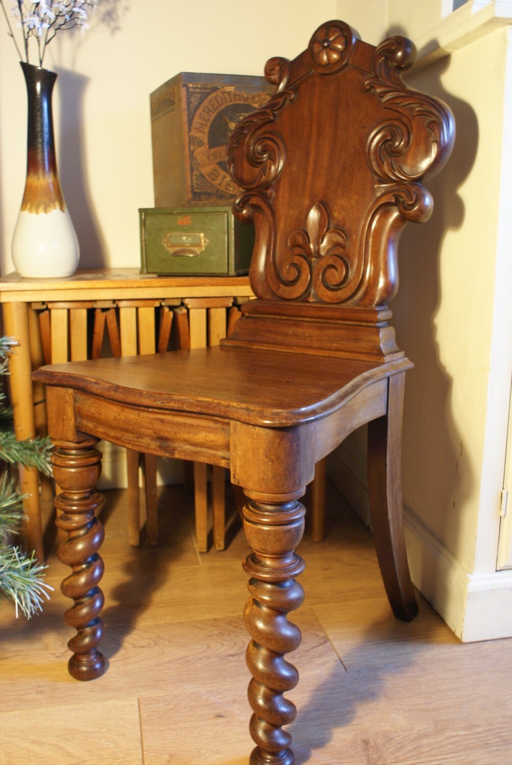 Arts and crafts carved mahogany hallway chair circa 1880
