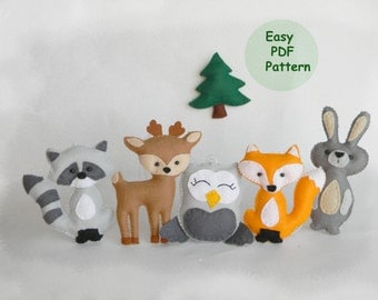 SALE Easy woodland animals pattern, Hand Sewing Pattern, DIY Baby Mobile Pattern, Fox, Deer, Raccoon, Owl, Bunny, Woodland Animals set PDF