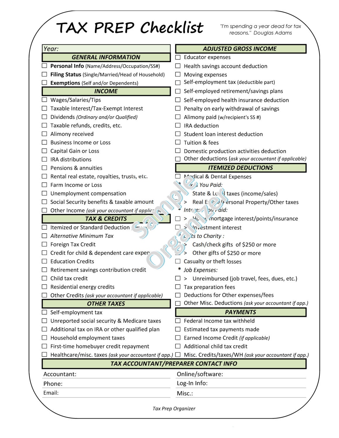 Printable Tax Prep Checklist Tax Return Organizer Financial