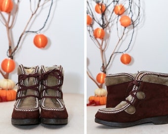 Vintage Suede Boots/Trimmed With Faux Fur/Lace Up Front/Rubber Sole