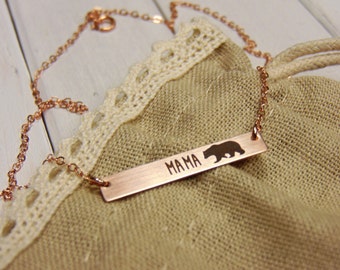 Rose Gold Mama Bear Horizontal Bar Necklace - Sterling Silver, Gold or Rose Gold -Perfect For Layering Jewelry for Mom Necklace for Mom