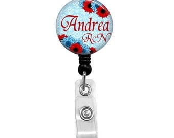 Nurse Badge Holder, Retractable Badge Reel, RN Badge, Personalized Name Badge, Red & Blue Flowers, Nurse Badge Reel, Name Badge Reel, 219B