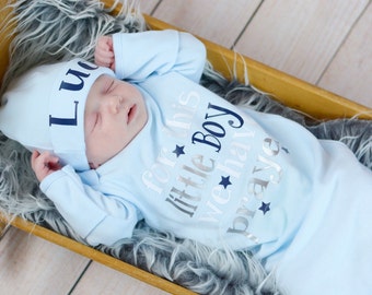 For this little boy we have prayed newborn boy bodysuit or gown...Baby shower gift...baby boy take home outfit...hat sold seperately
