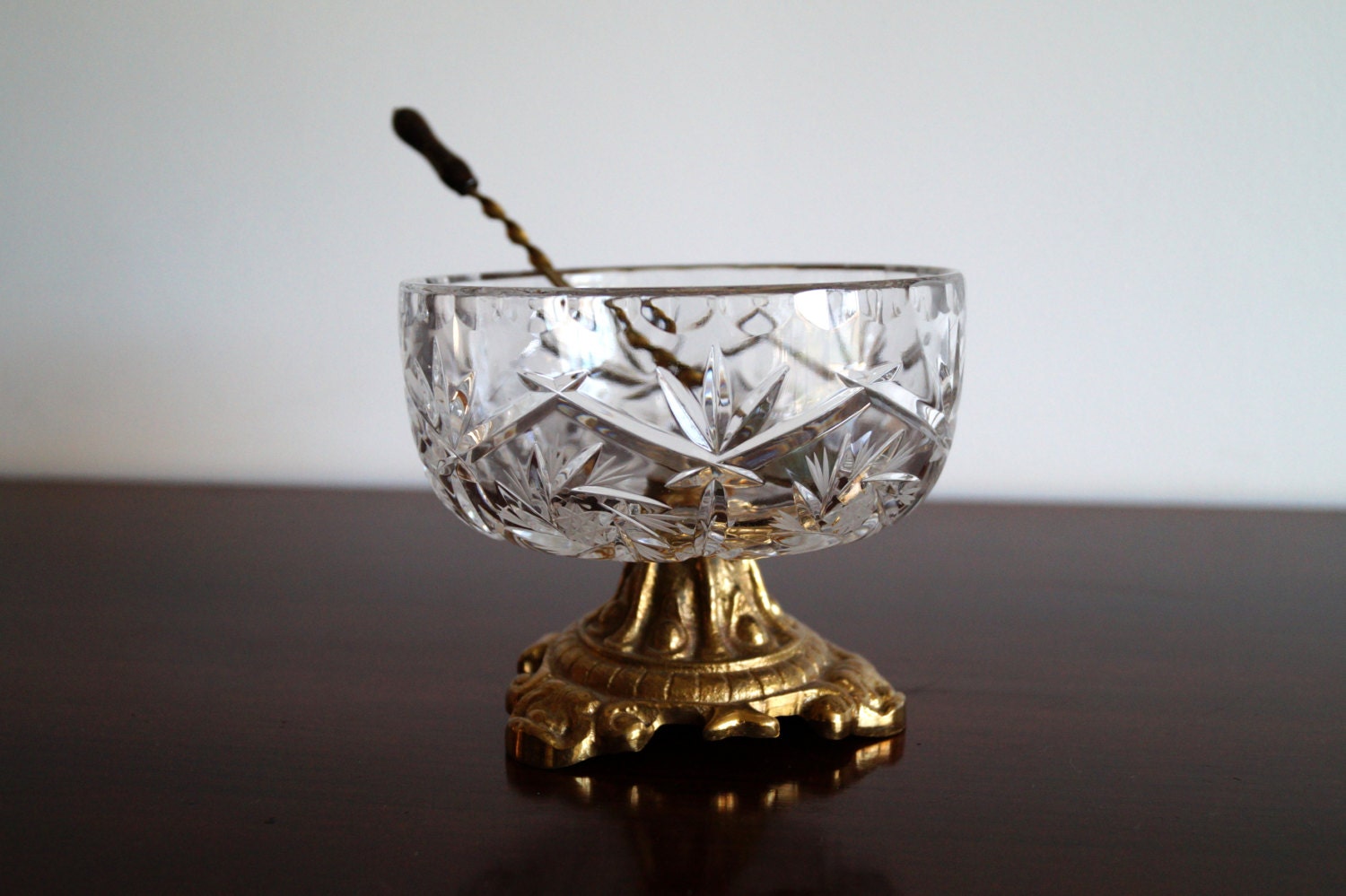 Antique sugar bowl with spoon Brass and crystal sugar bowl