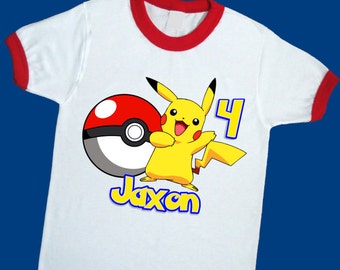 Pikachu Birthday Shirt. Pokemon Personalized Birthday Ringer with Name and Age. 1st 2nd 3rd 4th 5th 6th 7th Birthday T Shirt (25159)